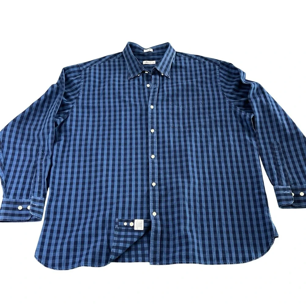 Peter Millar Men's XXL Blue Gingham Check Button Down Shirt  100% Cotton‎